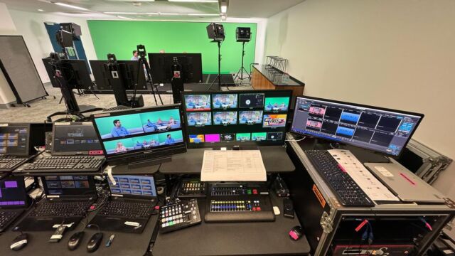 The making-of a mock breakfast show in the media room at @iccsyd with 3 x Panasonic PTZ and 12 camera presets live switching with the brand new compact live switcher AV-HSW10 with tally and NDI capabilities. Barco Event Master S3 with the EC-30 controller is managing our keying, supers, lower thirds, PiPs and auxes, destinations and remote presenters for a smooth livestreaming experience to Microsoft Teams. 20 talents, 12 segments, panels, singles with teleprompter, confidence monitors and live polls.